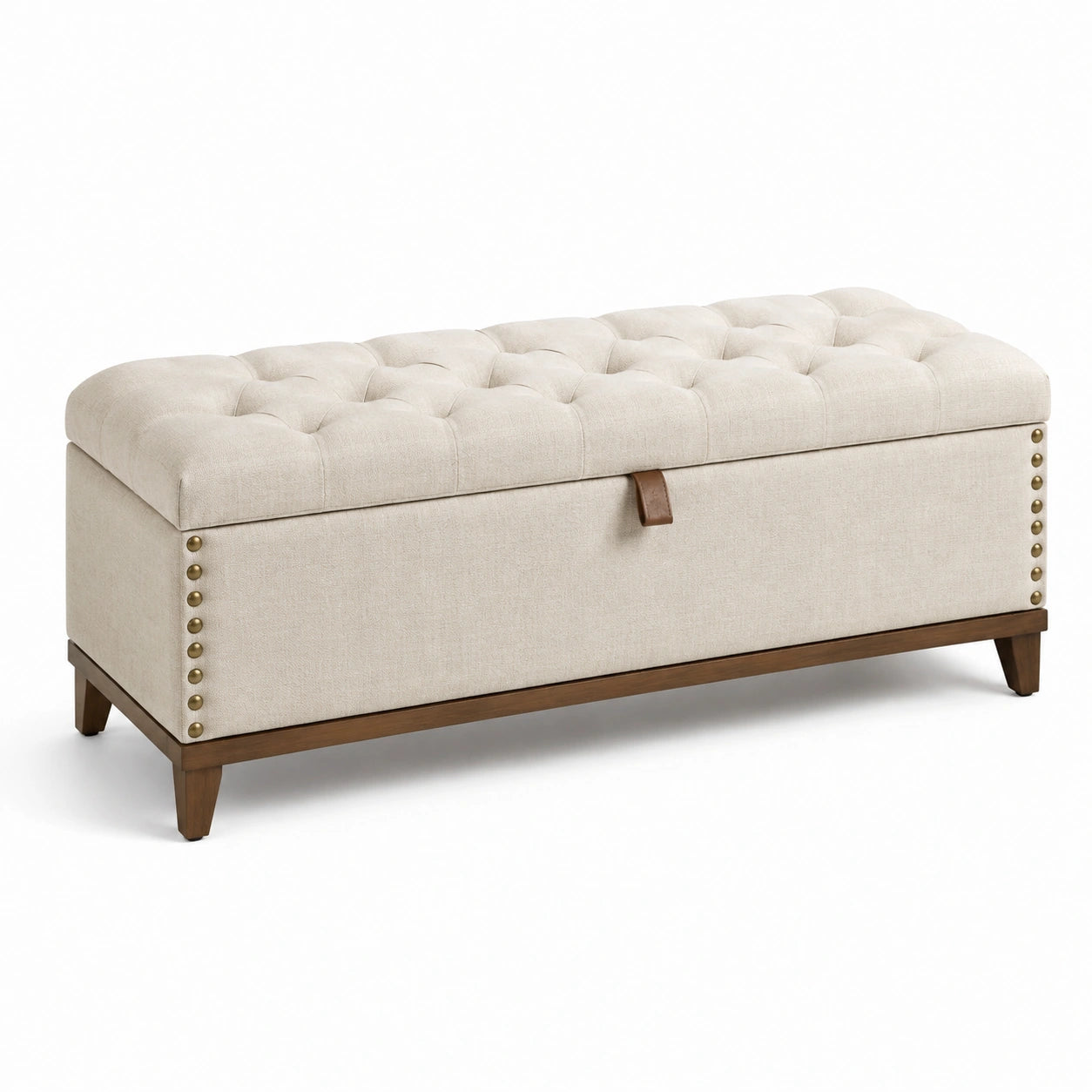Banc de rangement en lin beige avec structure bois