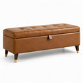 Banc de rangement en cuir synthétique marron avec pieds en bois