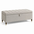 Banc de rangement en lin gris avec pieds en bois