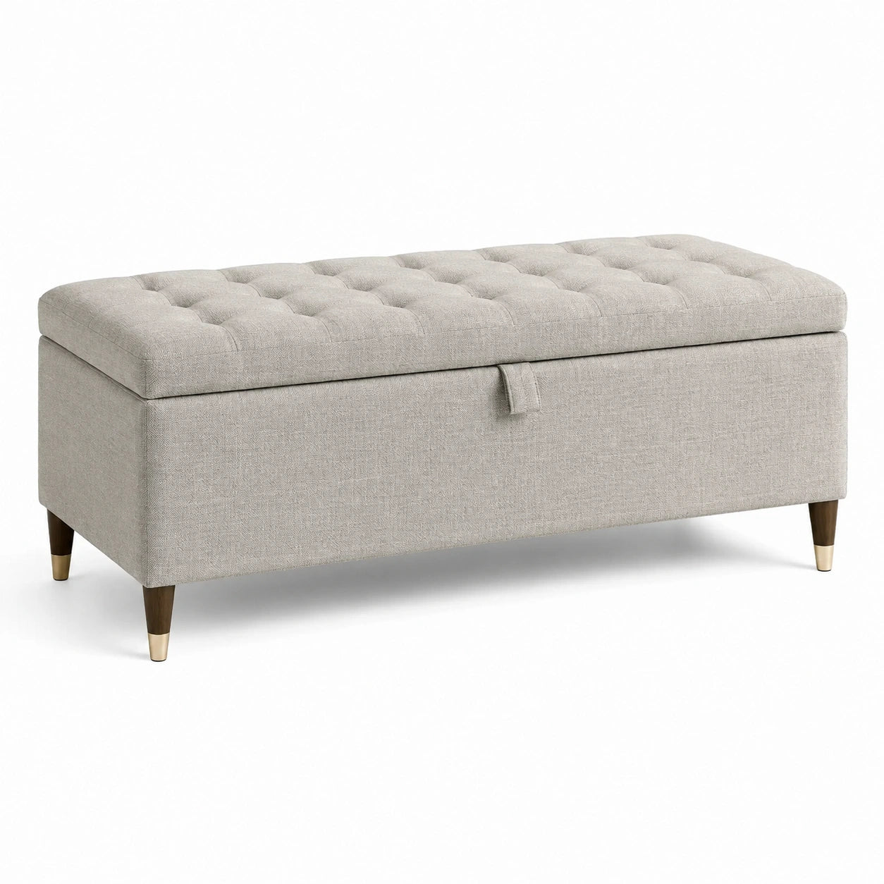 Banc de rangement en lin gris avec pieds en bois