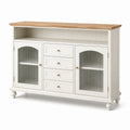 Buffet en bois blanc avec portes en verre strié et plateau en bois