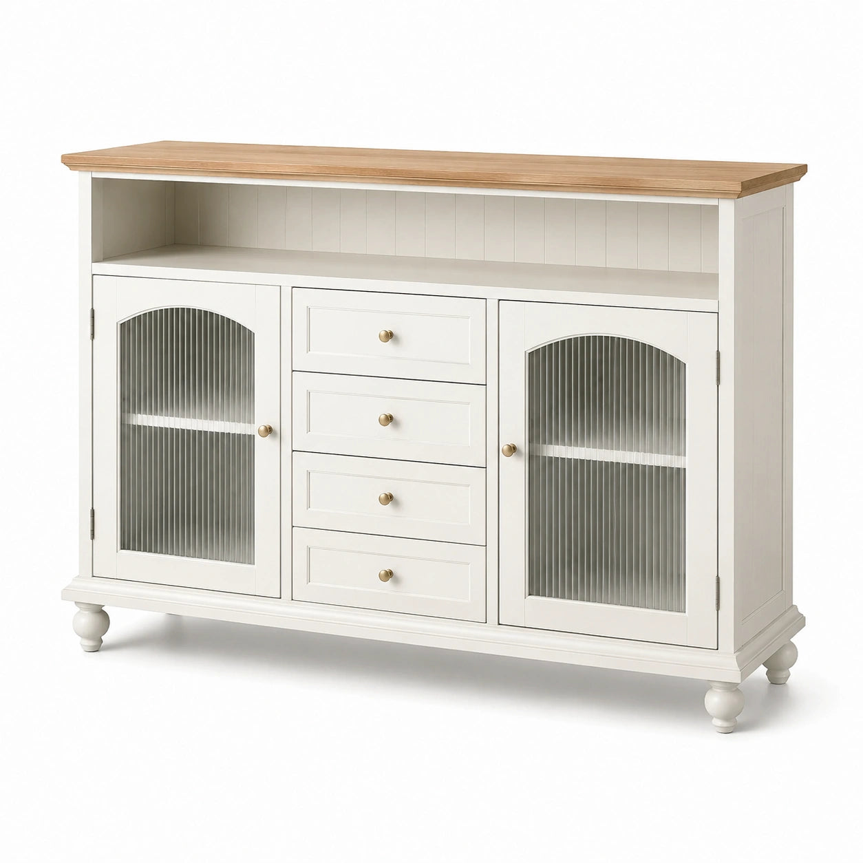 Buffet en bois blanc avec portes en verre strié et plateau en bois
