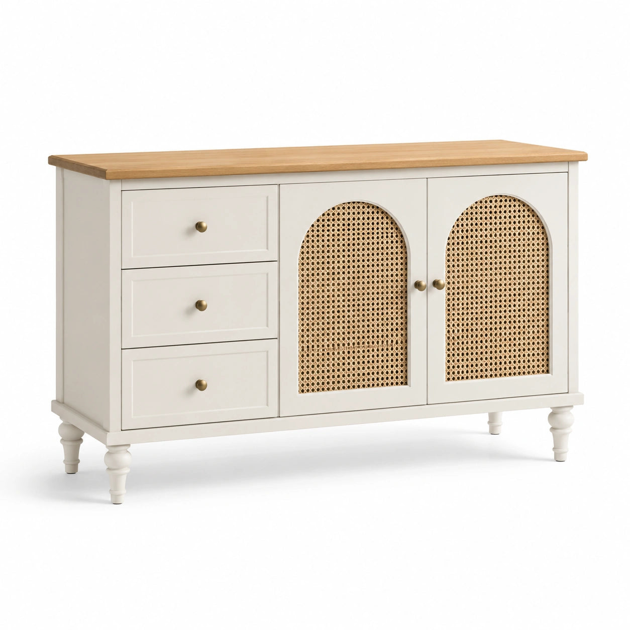 Buffet en bois et rotin avec 3 tiroirs et 2 portes