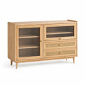 Buffet en bois avec portes en verre et tiroirs en rotin