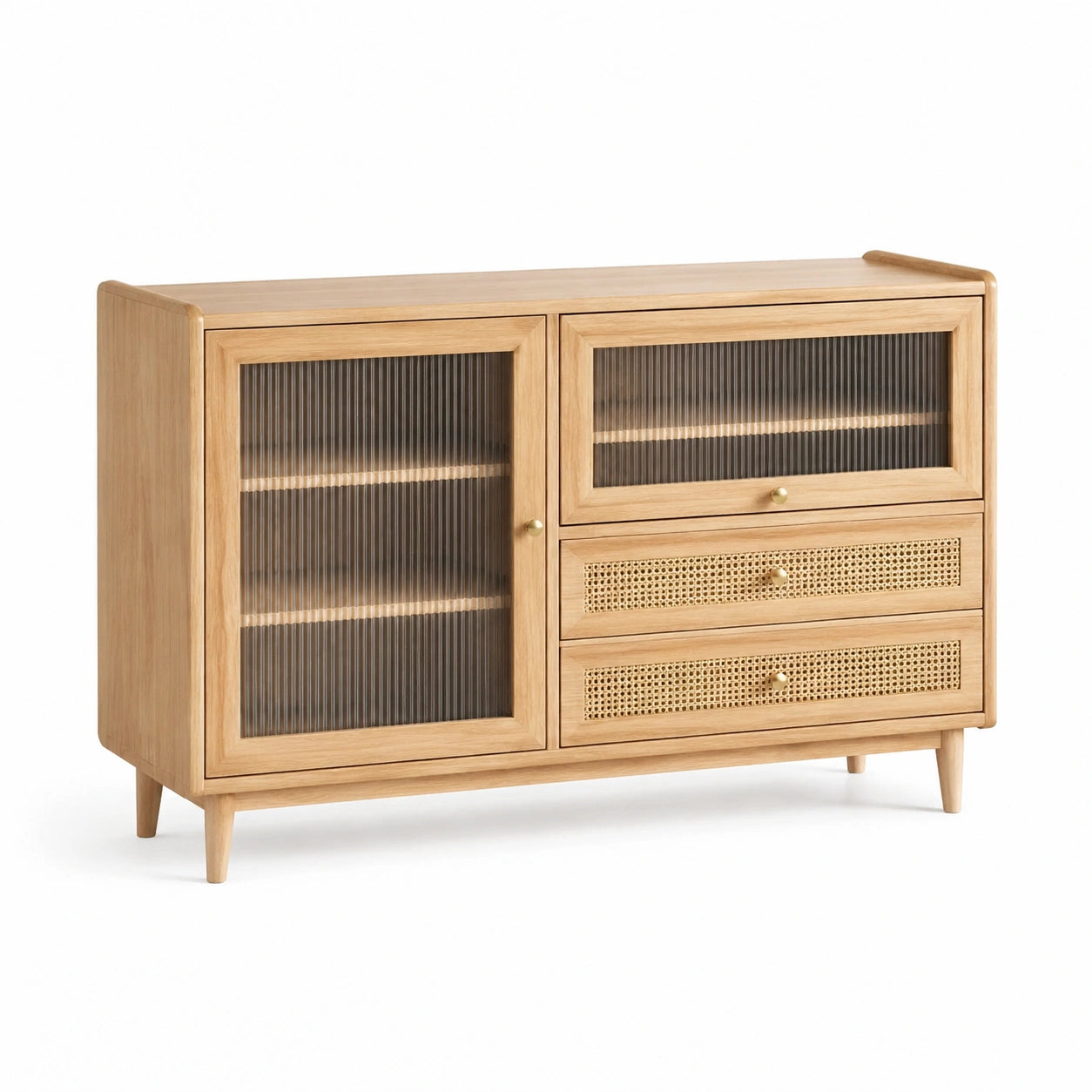Buffet en bois avec portes en verre et tiroirs en rotin