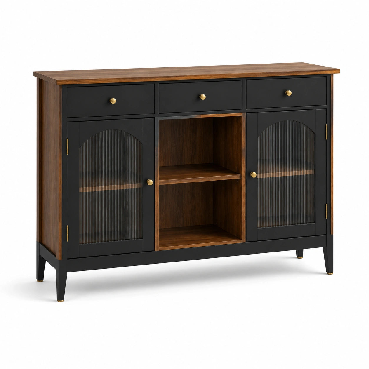Buffet en bois et métal noir et marron avec portes en verre cannelé