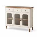 Buffet en bois et MDF avec portes en verre strié, blanc et bois, 120x40x85 cm