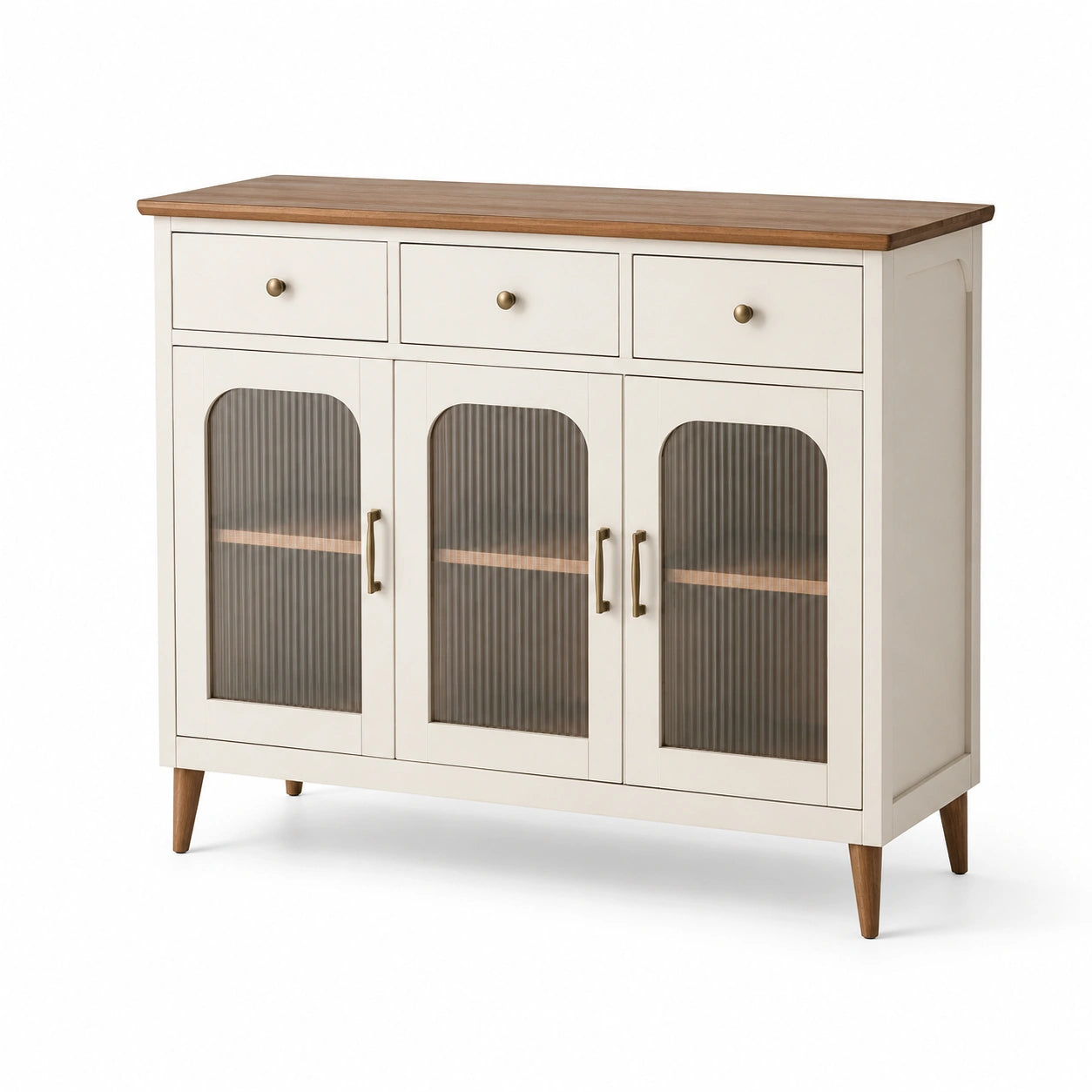 Buffet en bois et MDF avec portes en verre strié, blanc et bois, 120x40x85 cm