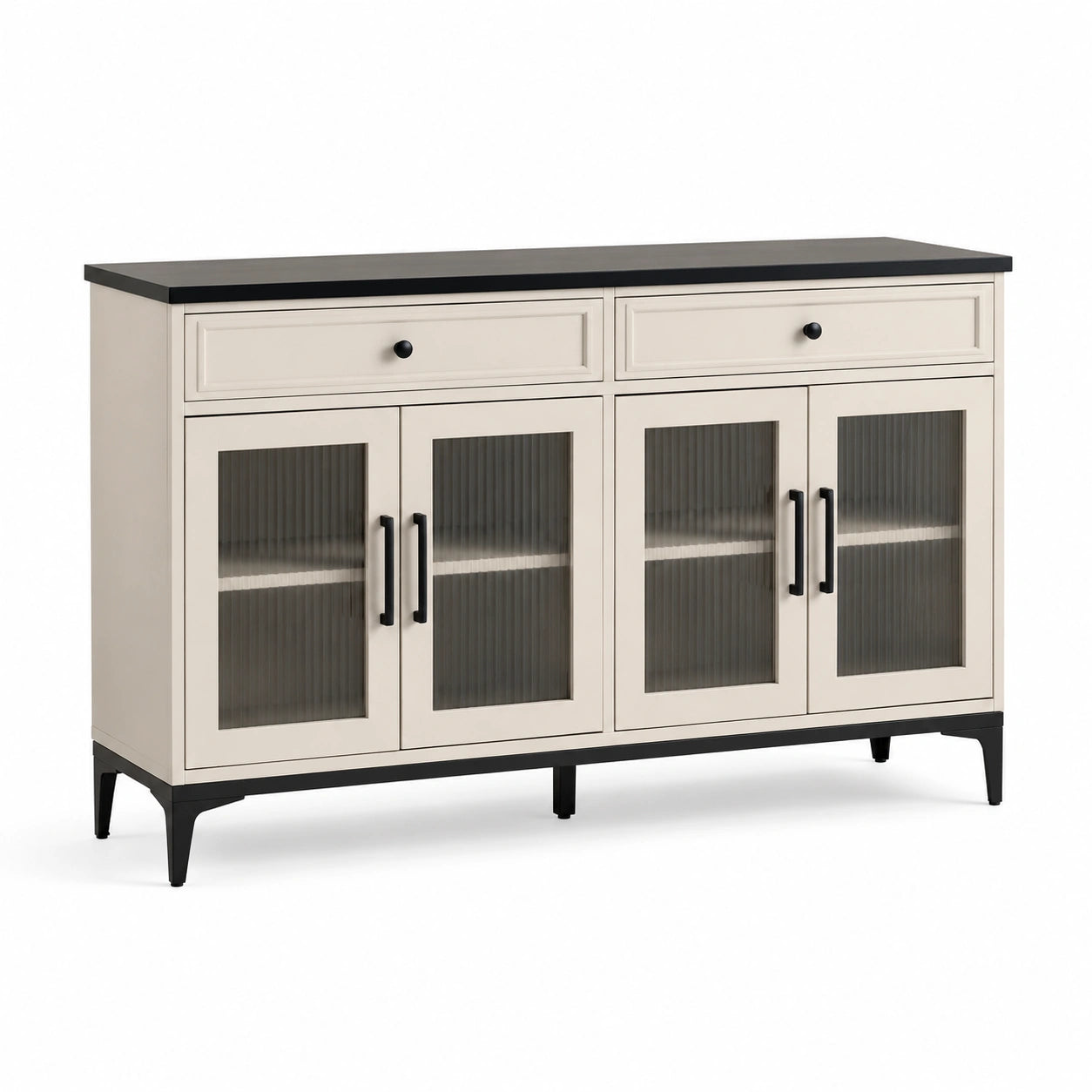 Buffet en bois et métal avec portes en verre rainuré 120x40x90 cm