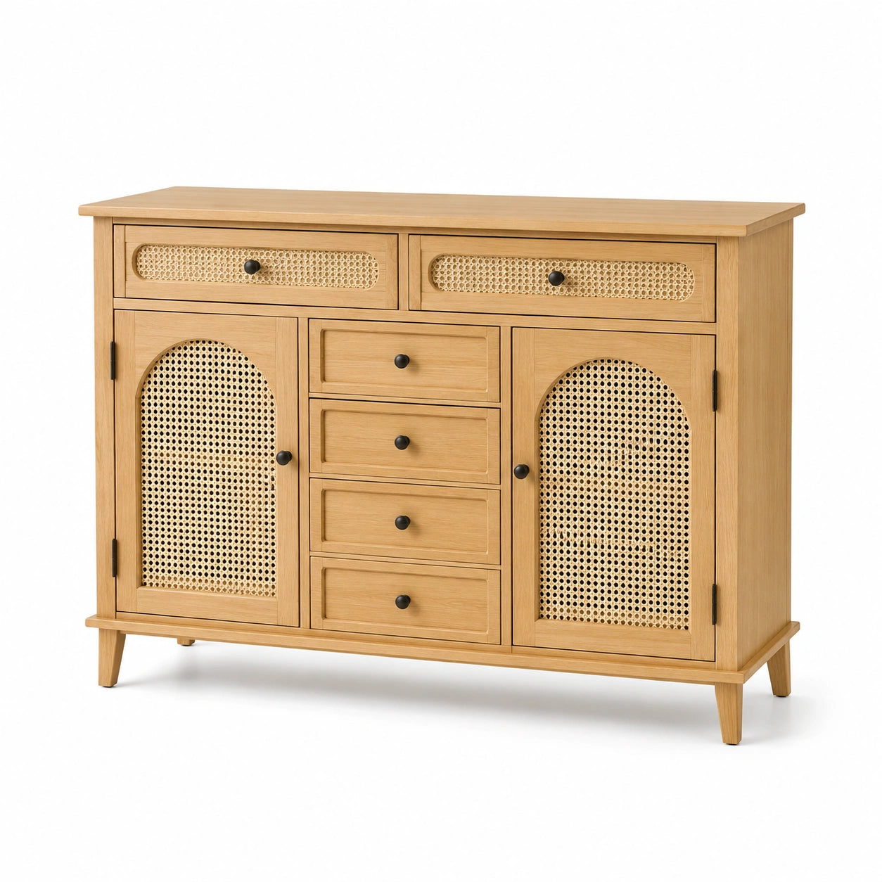 Buffet en bois clair avec portes en rotin et tiroirs