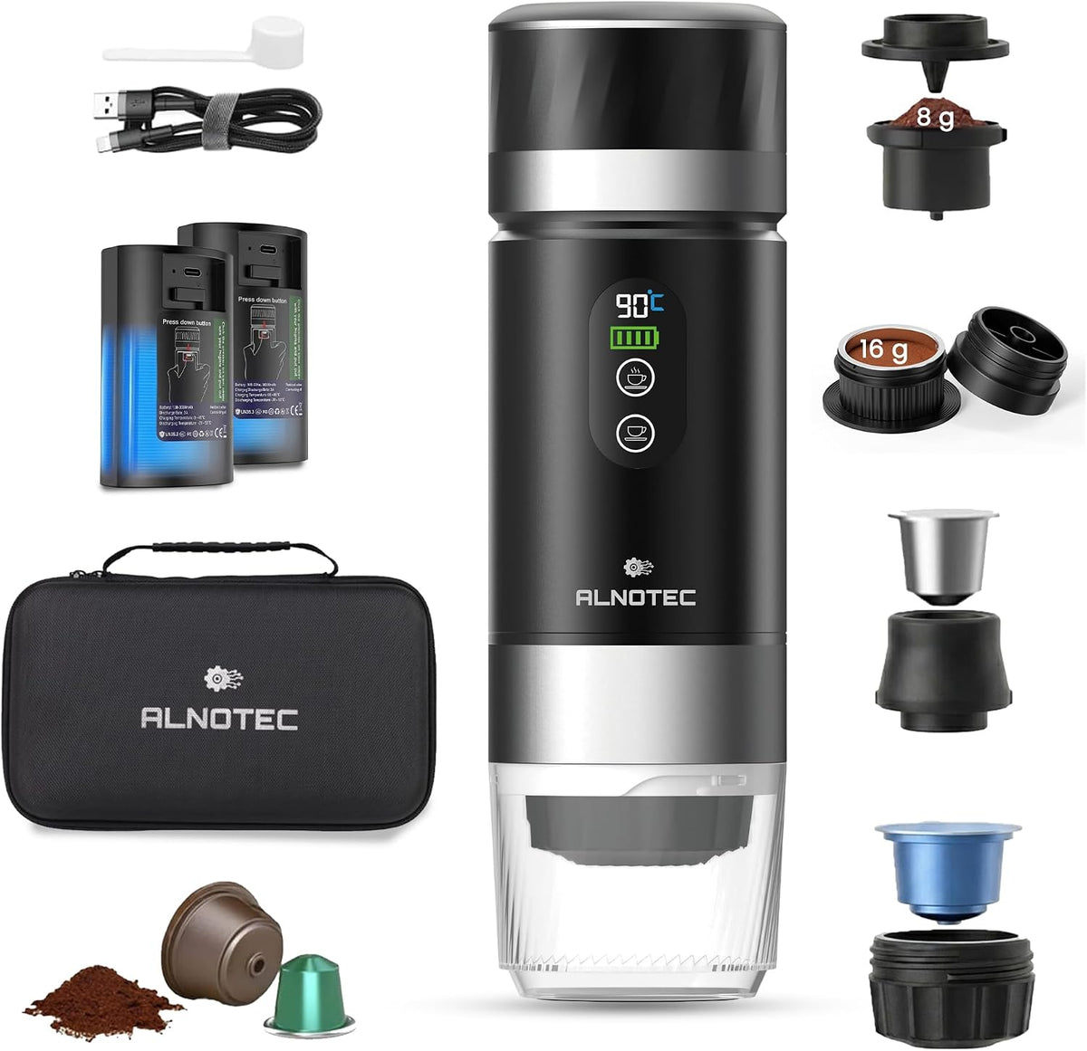 Machine Expresso Portable 20 Bars Rechargeable Auto Chauffante, Compatible Capsules NES, DG et Café Moulu, 2 Batteries Amovibles
