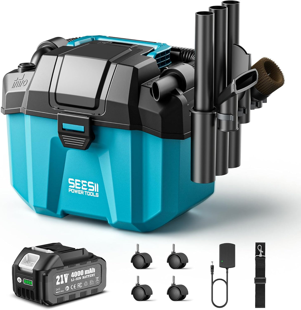 Seesii Aspirateur Eau et Poussière Batterie 4000 mAh, Aspirateur Poussiere et Eau 10 L, avec Sangles, 4 Roues et Accessoires, Idéal pour Atelier
