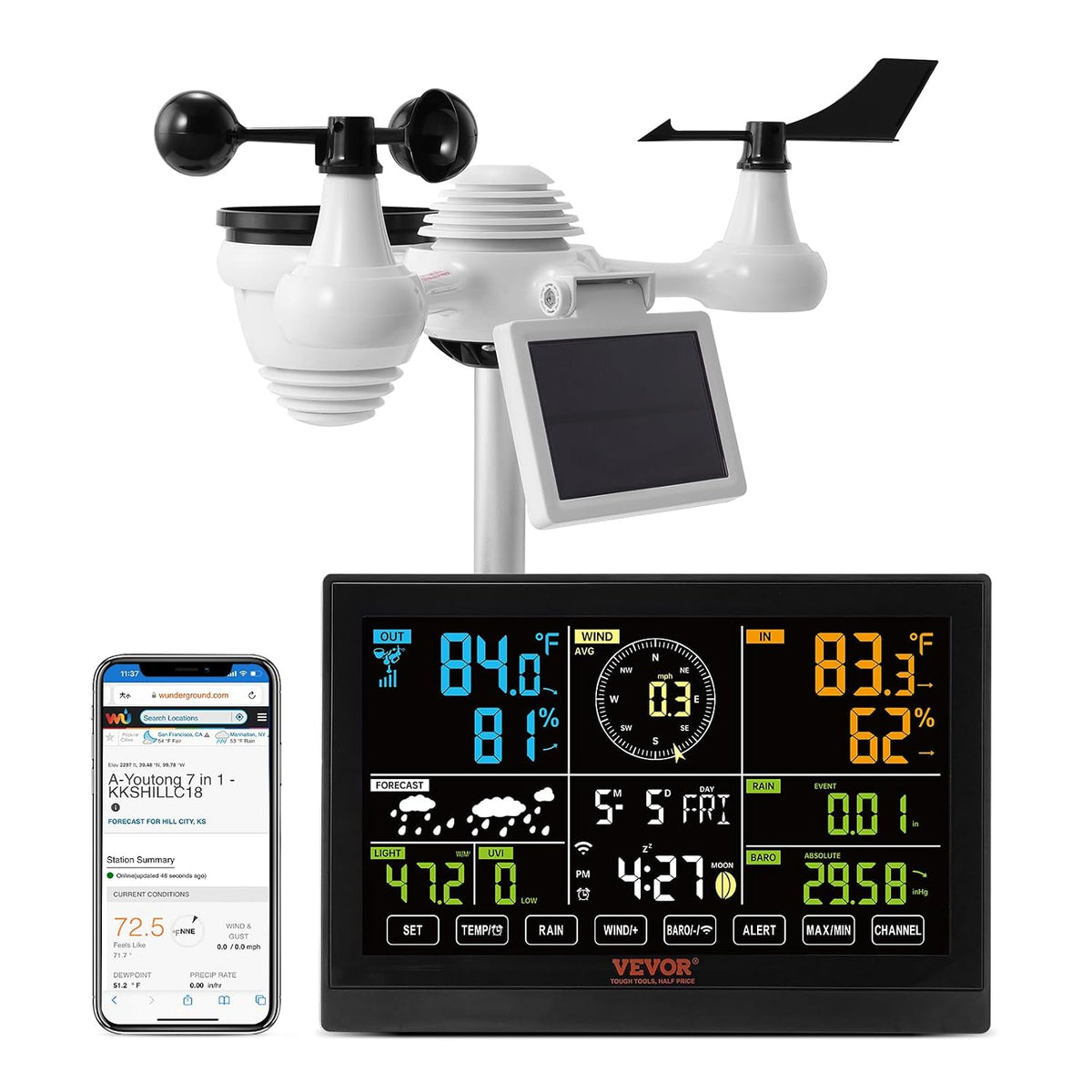 VEVOR Station Météo Wifi 7 en 1 Station Météo Sans Fil Intérieur Extérieur Solaire Grand Écran Couleur 7,5 po Station Météo Numérique Capteur