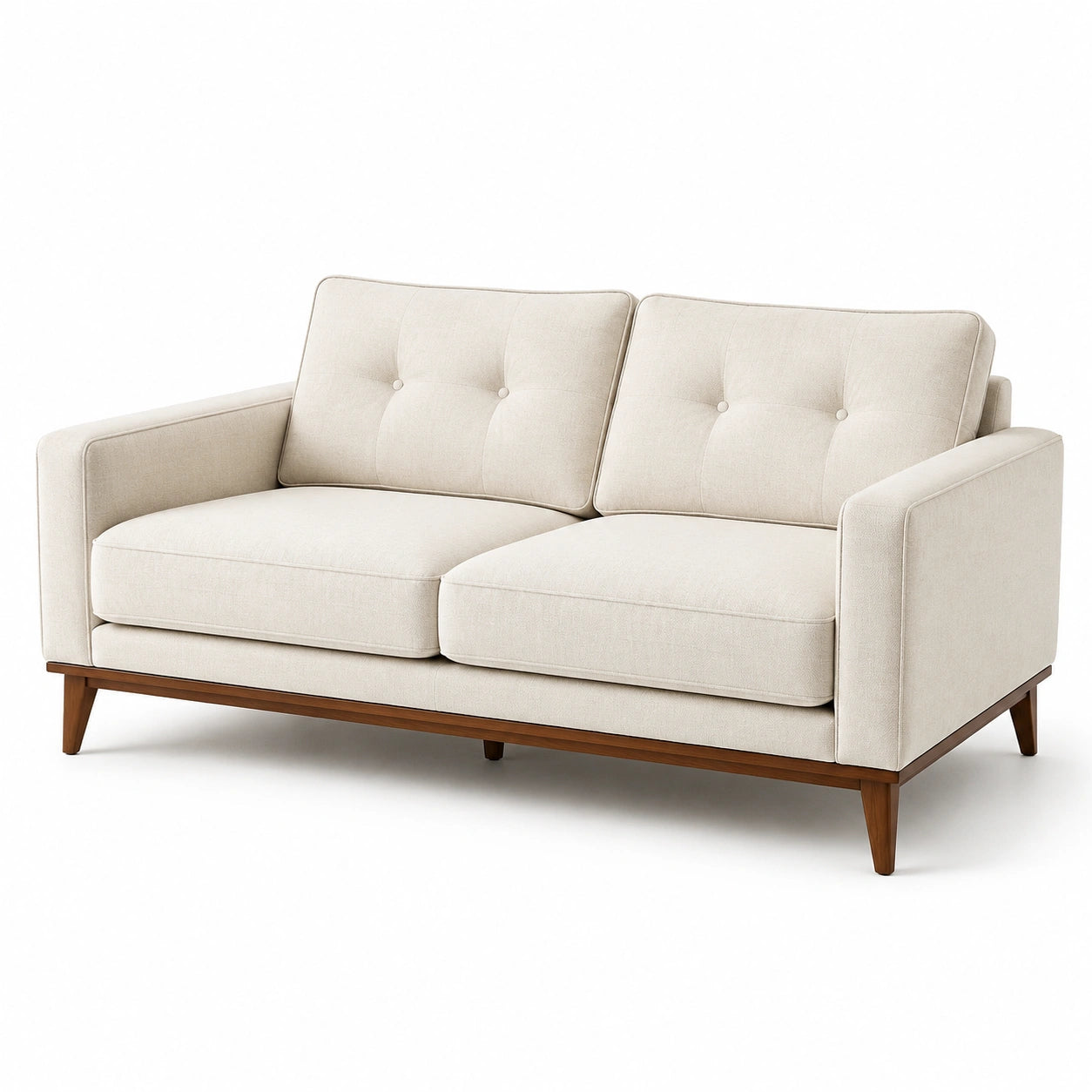 Canapé en tissu lin beige avec structure et pieds en bois de hêtre