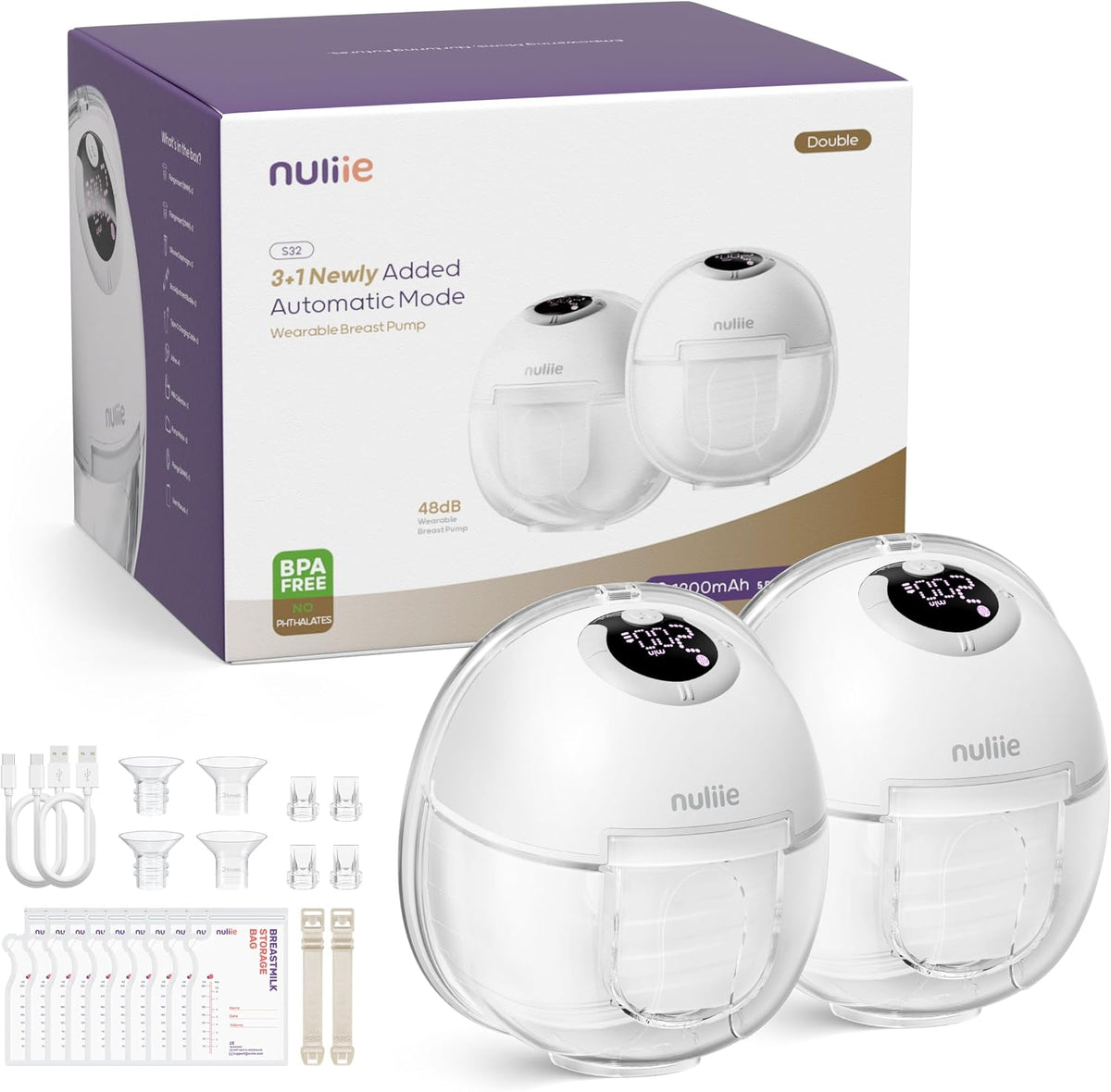 Nuliie Tire Lait Electrique Main Libre (2 Paquets, Blanc)