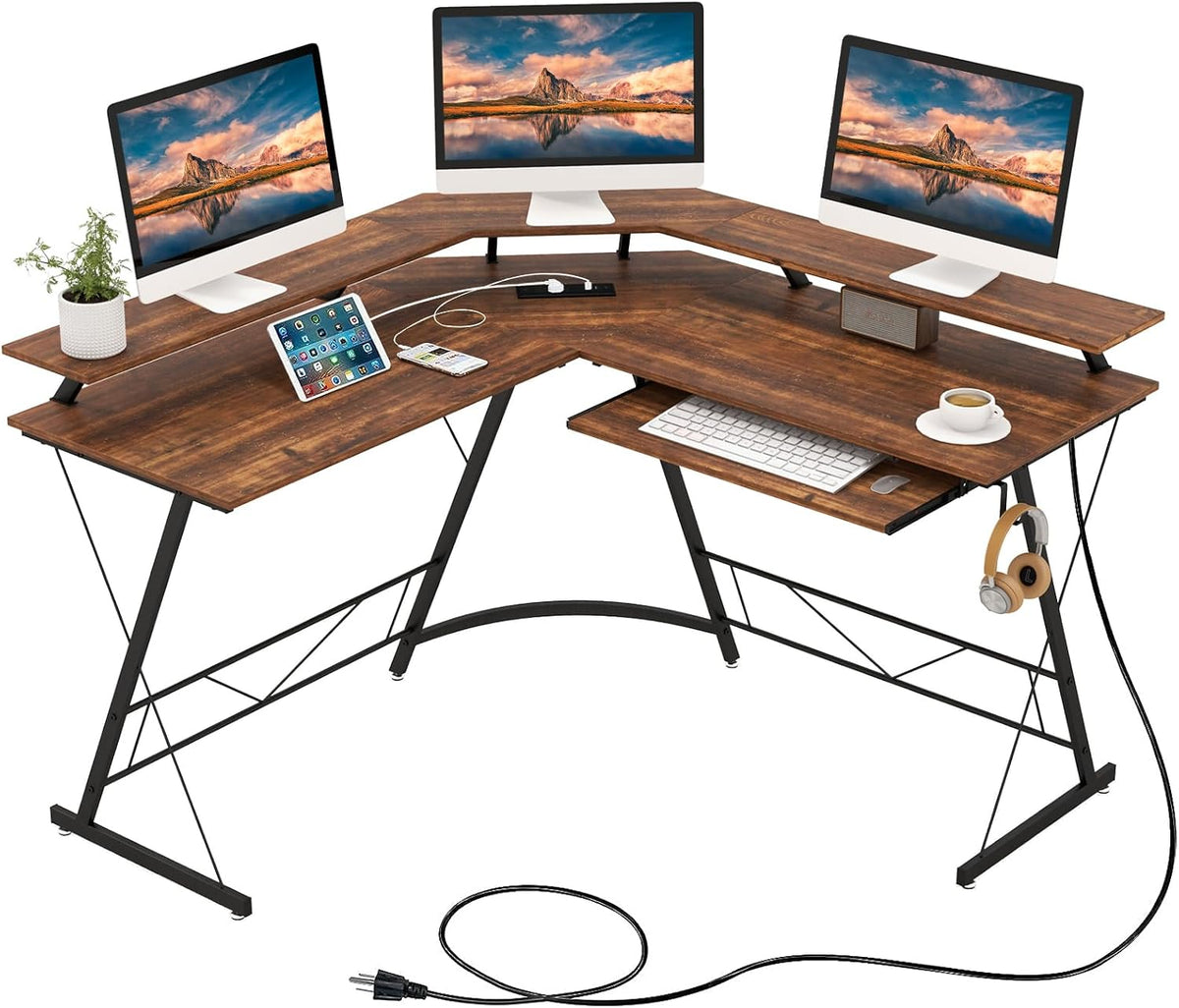 COSTWAY Bureau d'angle 130 x 130 cm, Bureau d'Ordinateur en Forme de L avec Long Support de Moniteur, Plateau à Clavier