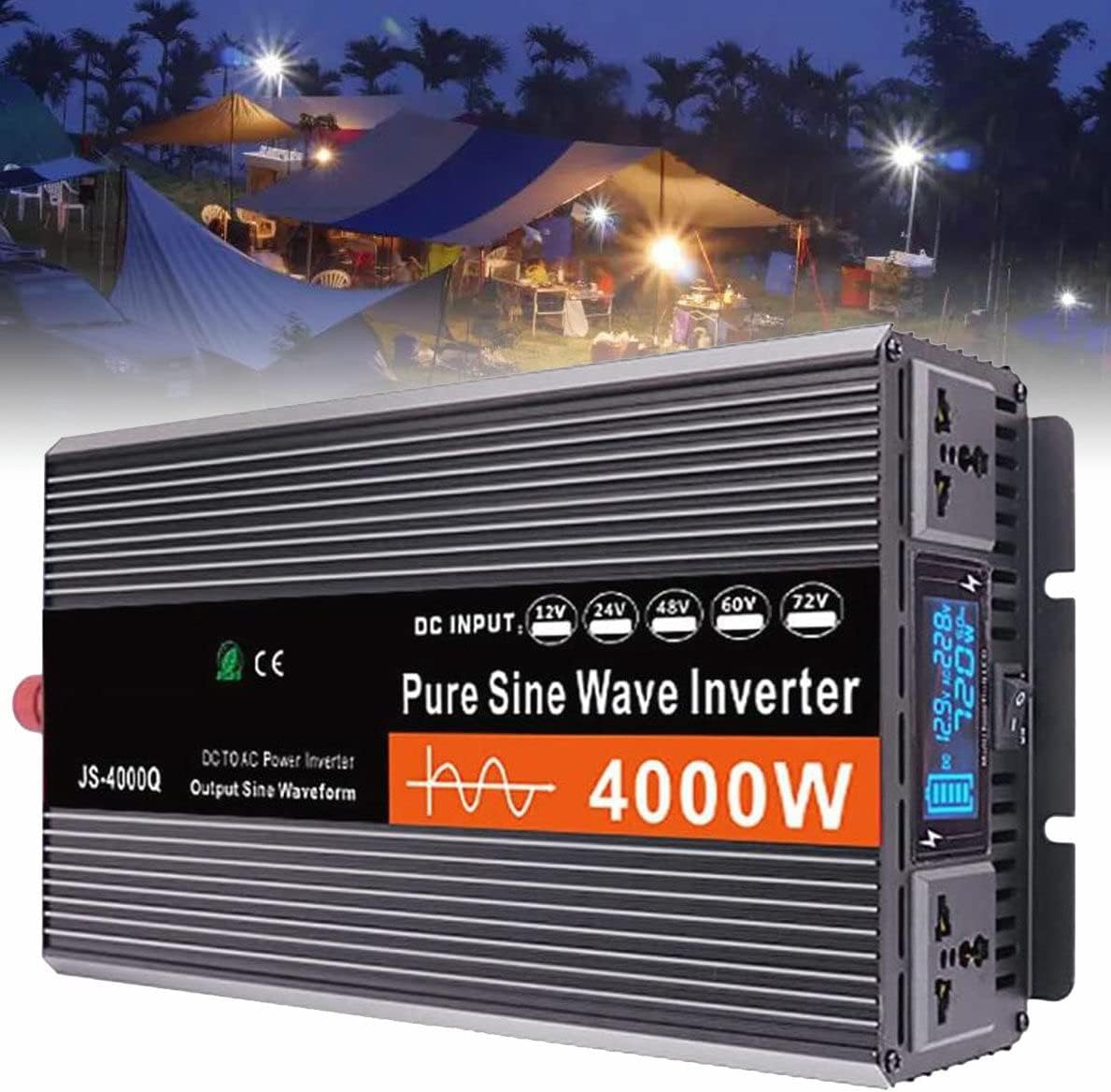 Convertisseur Pur Sinus 3000W 4000W 5000W 6000W Onduleur, Transformateur, 12V 24V 48V 60V vers 220V 230V, 2 Prises AC et Affichage à LED,4000W-12V