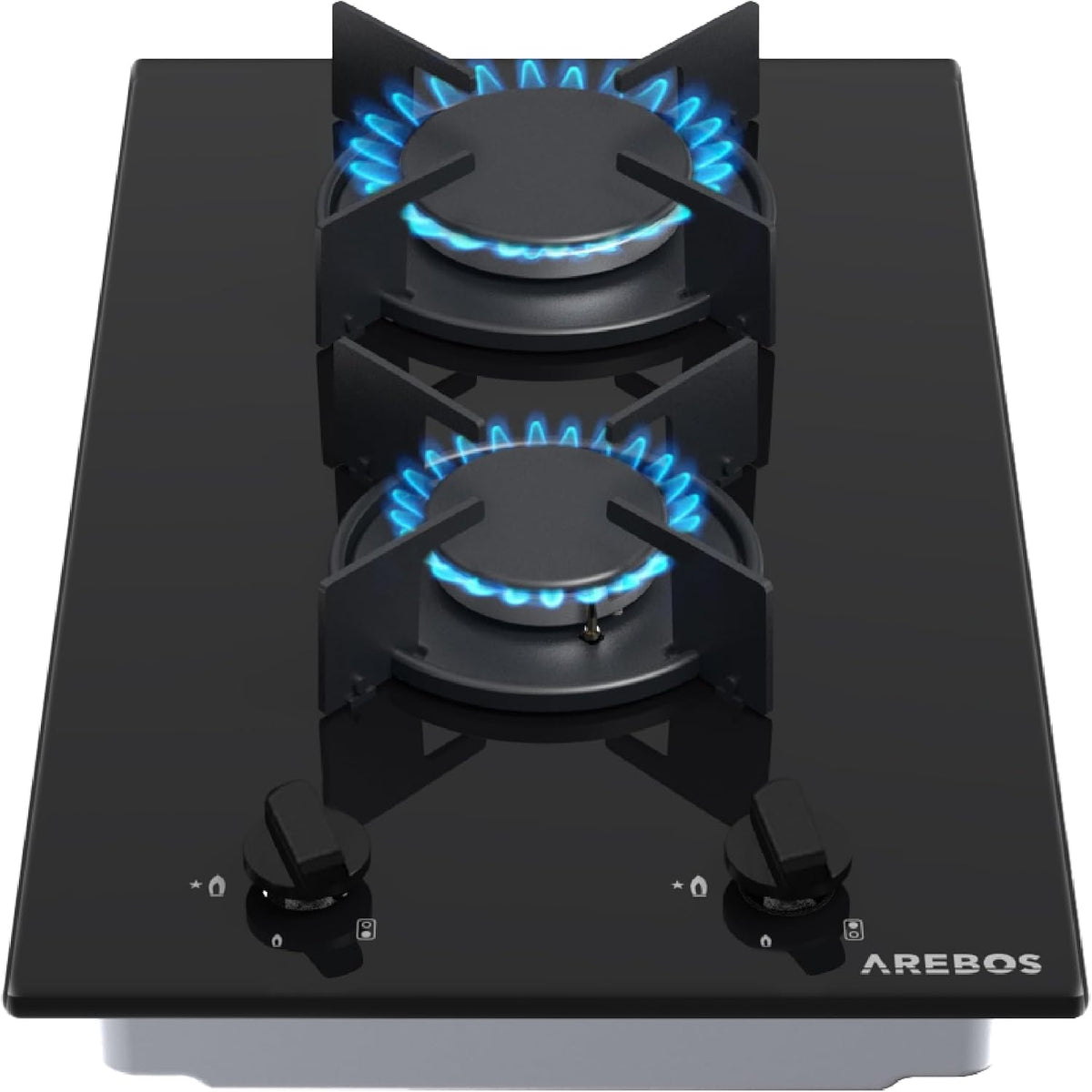 Arebos Plaque de cuisson à gaz 30 cm 2 brûleurs, Verre trempé, Encastrable avec supports en fonte, Compatible gaz naturel et propane