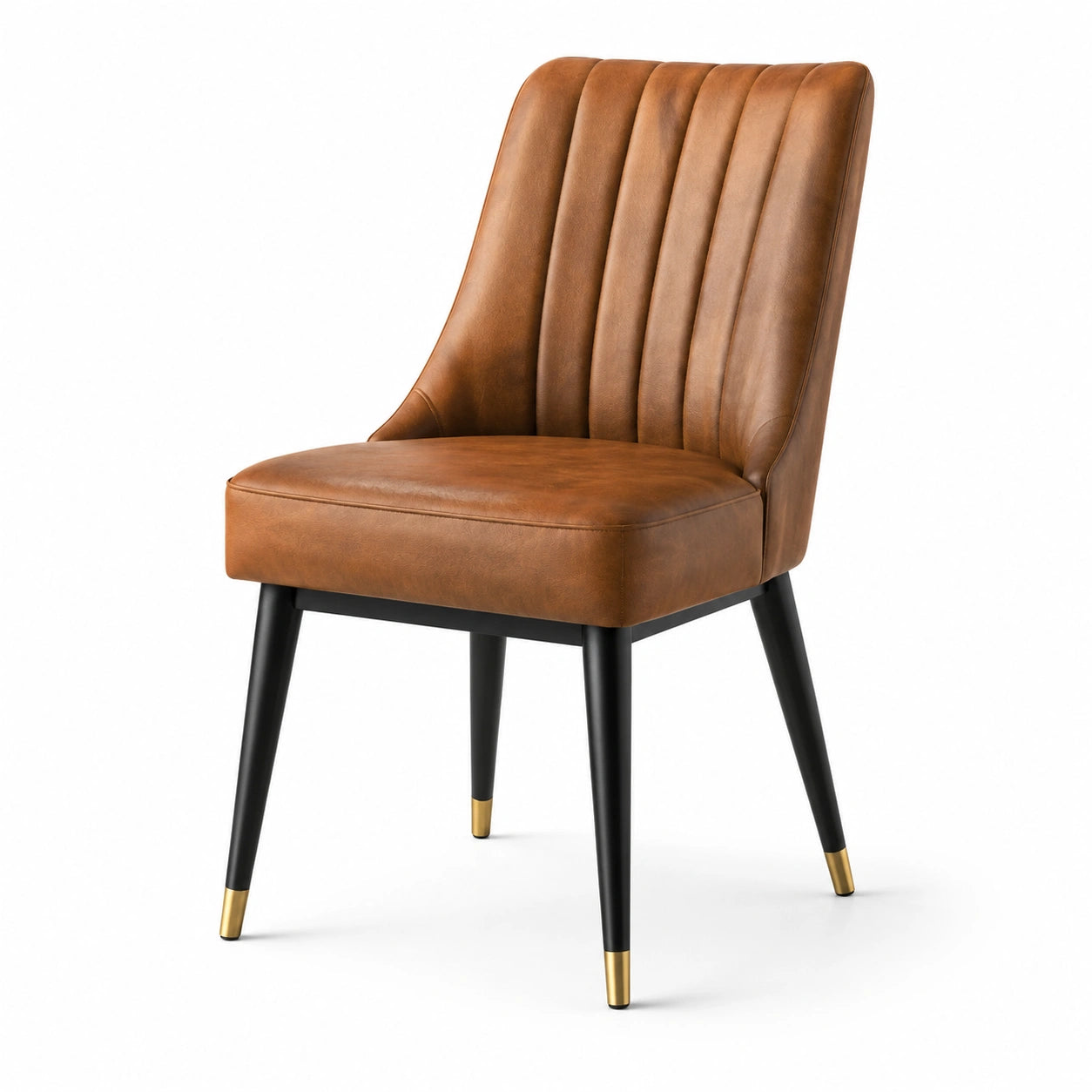 Chaise en cuir synthétique marron avec pieds en bois noir et détails dorés