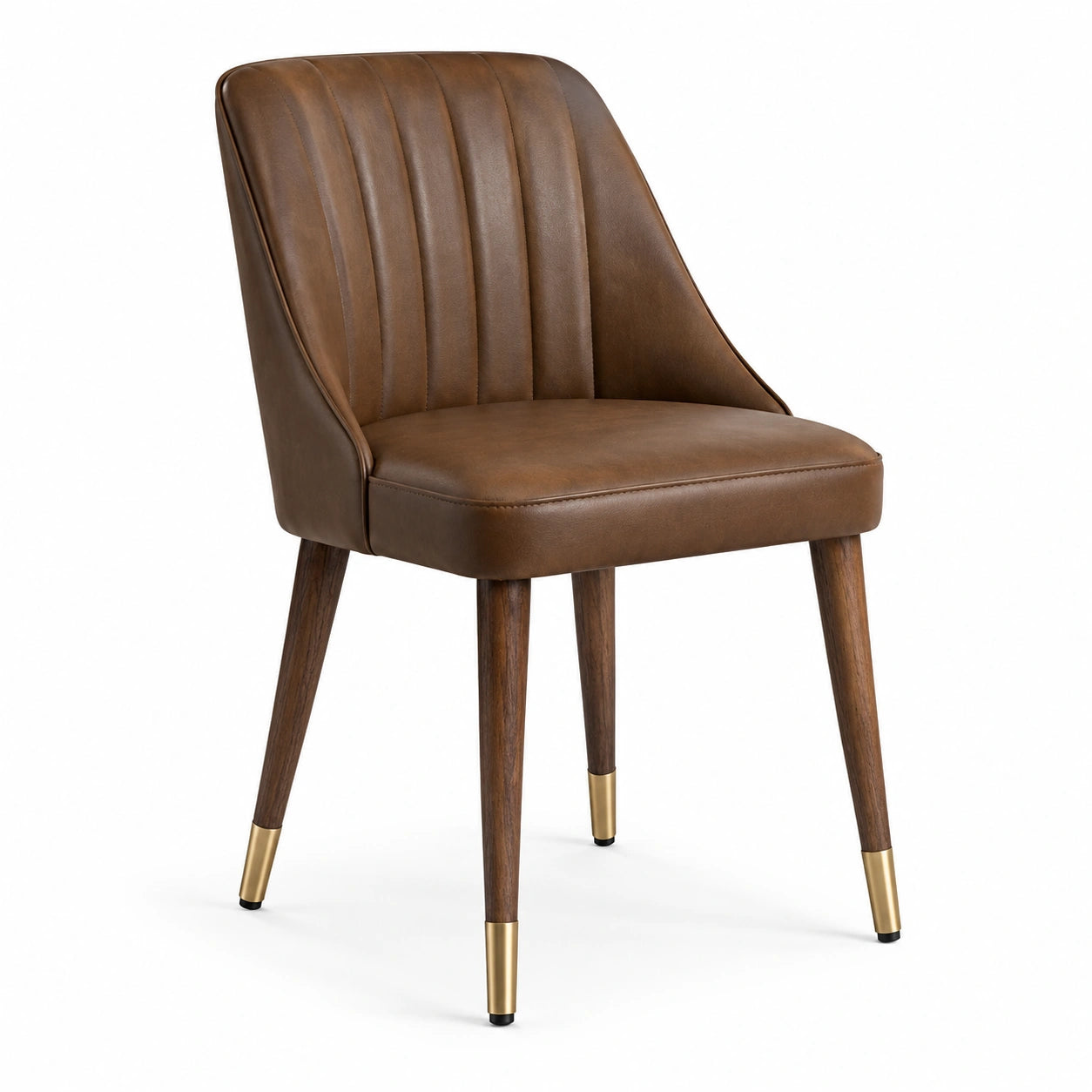 Chaise en cuir synthétique brun avec pieds en chêne et détails en laiton