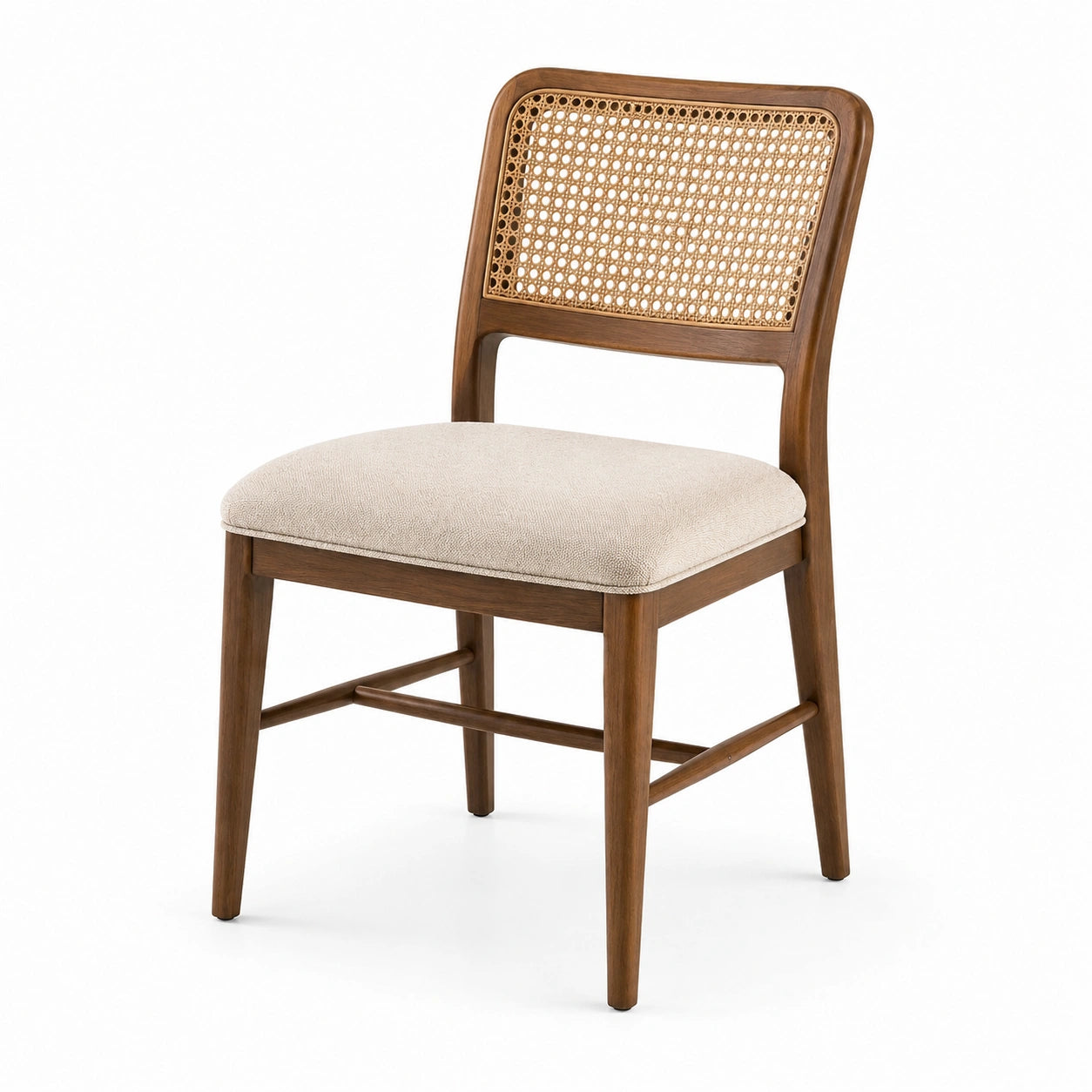 Chaise en bois de noyer avec dossier en rotin et assise en polyester beige