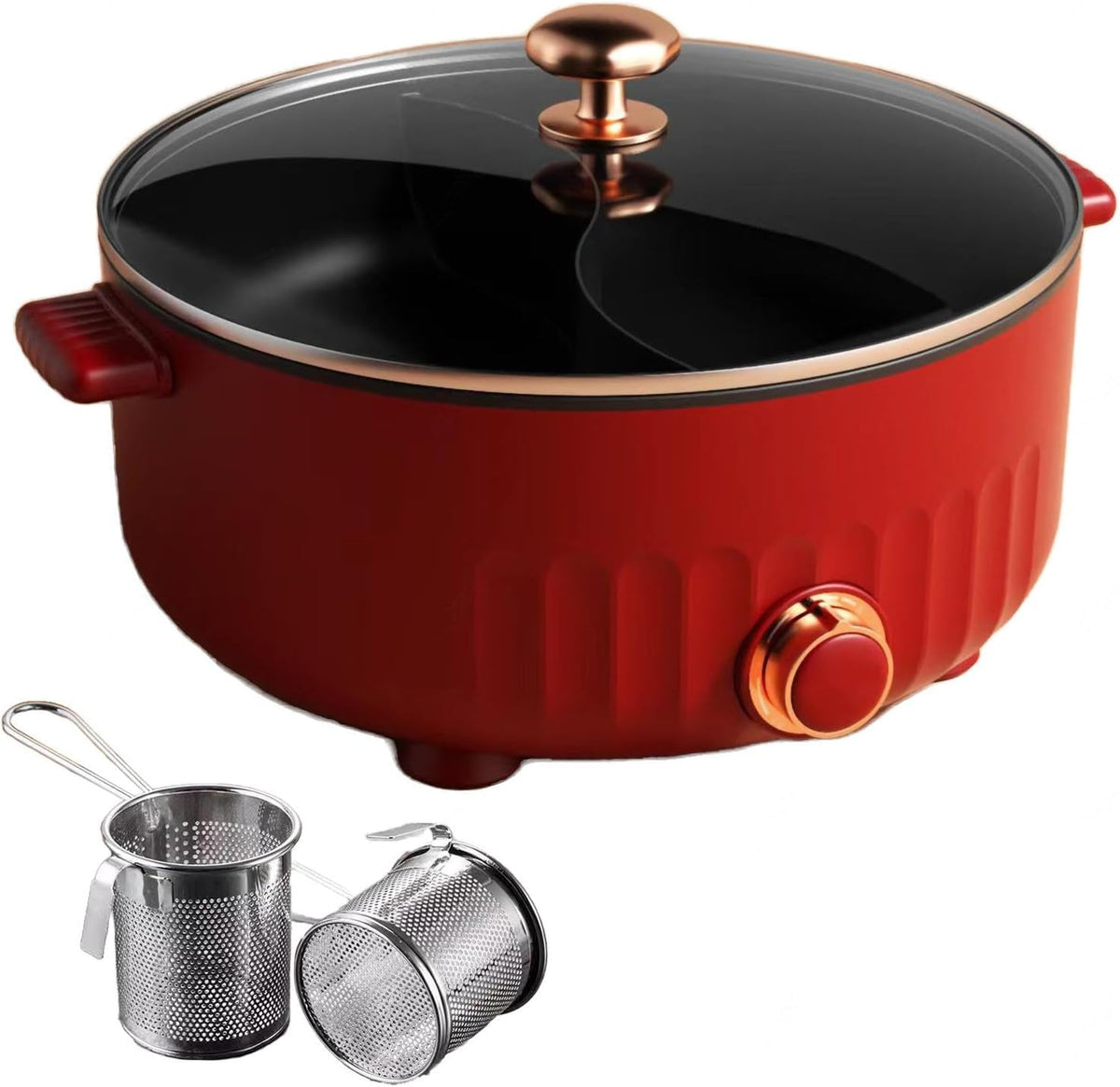 ARTSIM Fondue Chinoise Electrique, Feu à Trois Vitesses Fondue Chinoise Traditionnelle Convient Aux Petites FêTes (avec 2 Filets Non éTanches), Red
