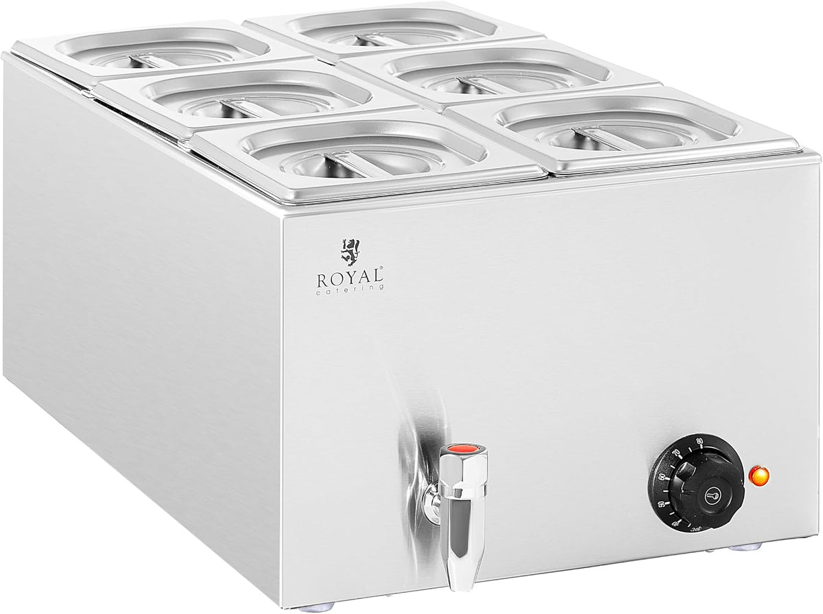 Royal Catering Bain-Marie Professionnel 15 l 600 W 6 x GN 1/6 avec Couvercles Robinet De Vidange Chauffe-Plat Électrique