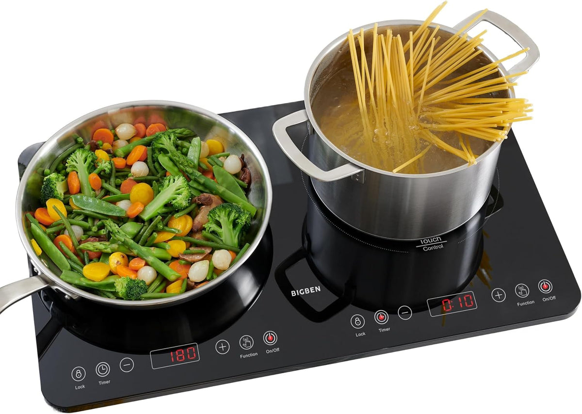 Bigben Plaque Induction Double Portable 3500 W - Table de Cuisson 2 Feux, Minuteur, Contrôle Température 60-240 °C, Idéale Cuisine Quotidienne