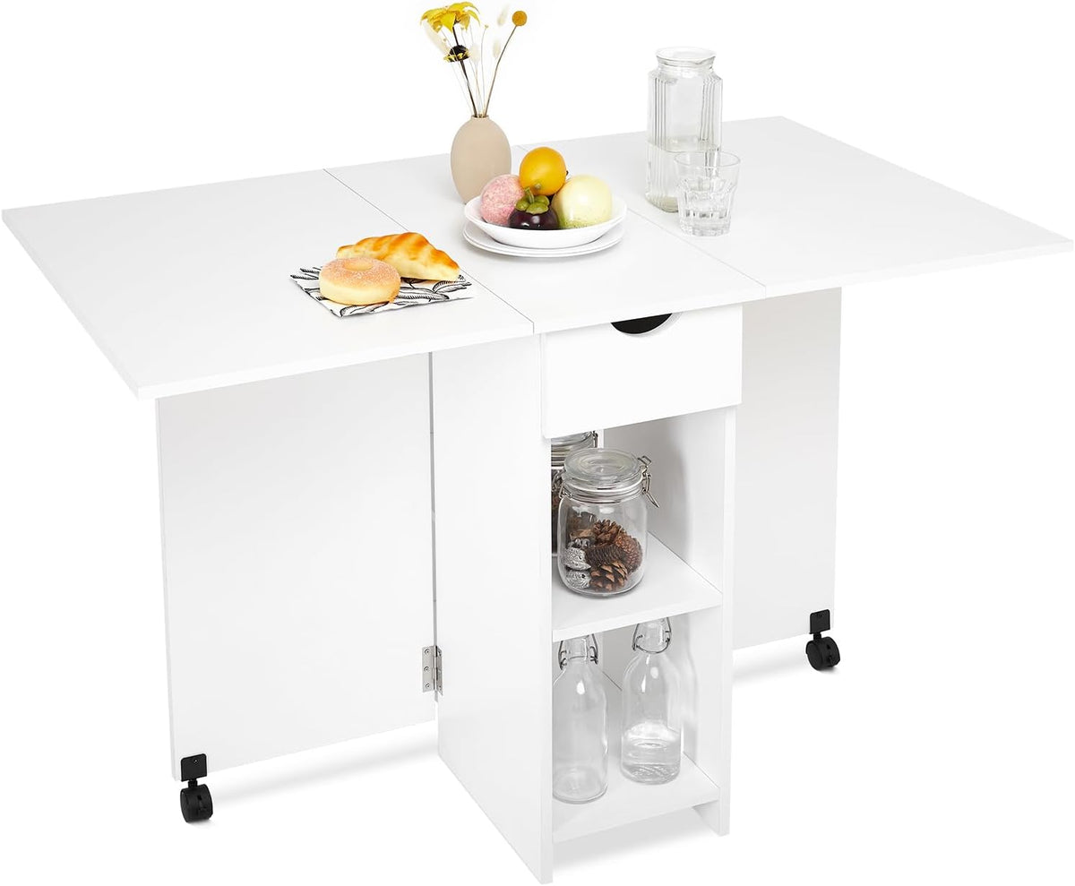 Mondeer Table à Manger Pliable, Table de Cuisine pour Petits Espaces avec 1 Tiroir et 2 Etagères de Rangement, pour Salle à Manger Cuisine