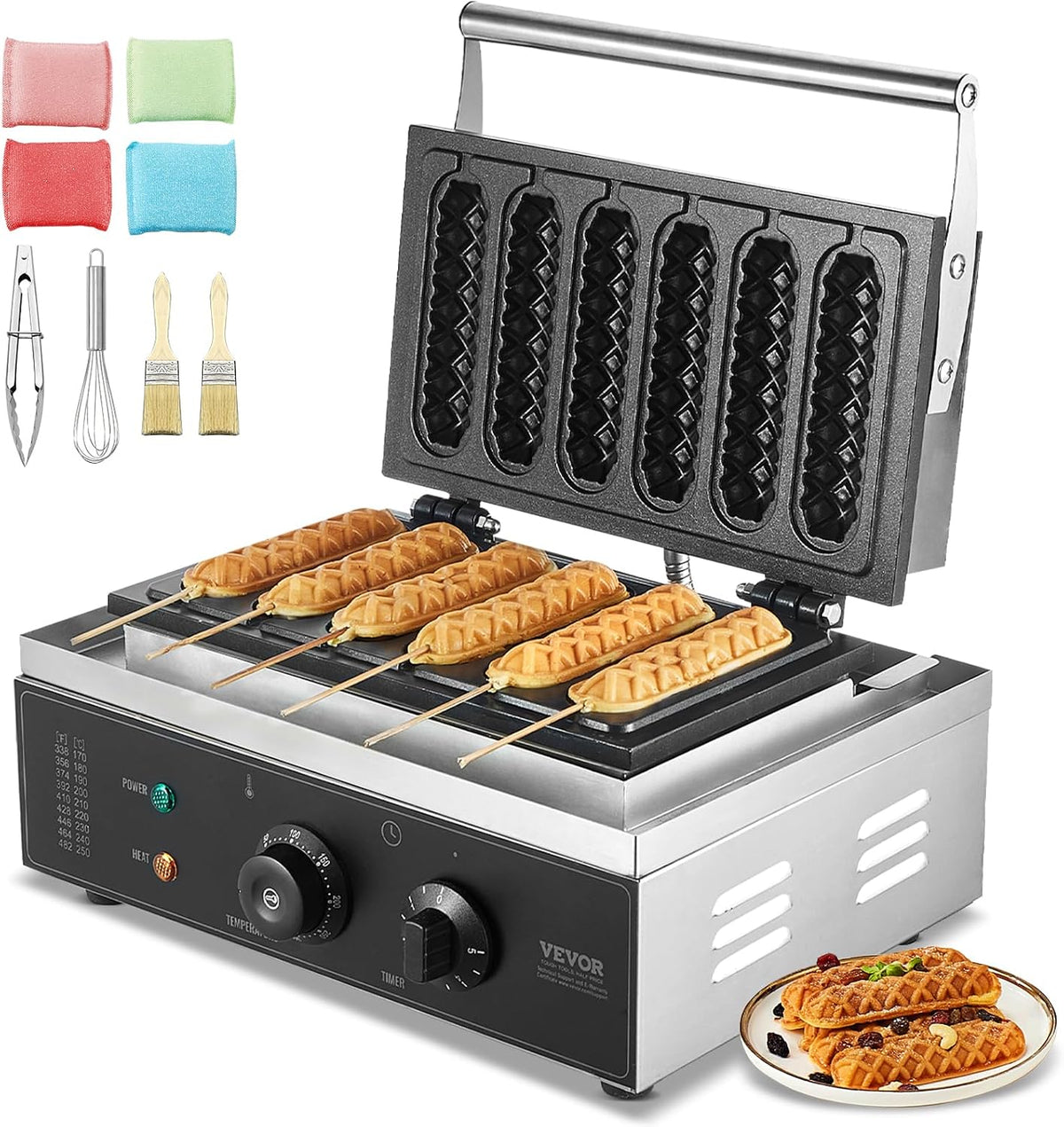 VEVOR Gaufrier Commercial, 6 Pièces 1500W Gaufrier Machine, Gaufrier Antiadhésif en Acier Inoxydable pour Hot Dog avec Contrôle de la Température