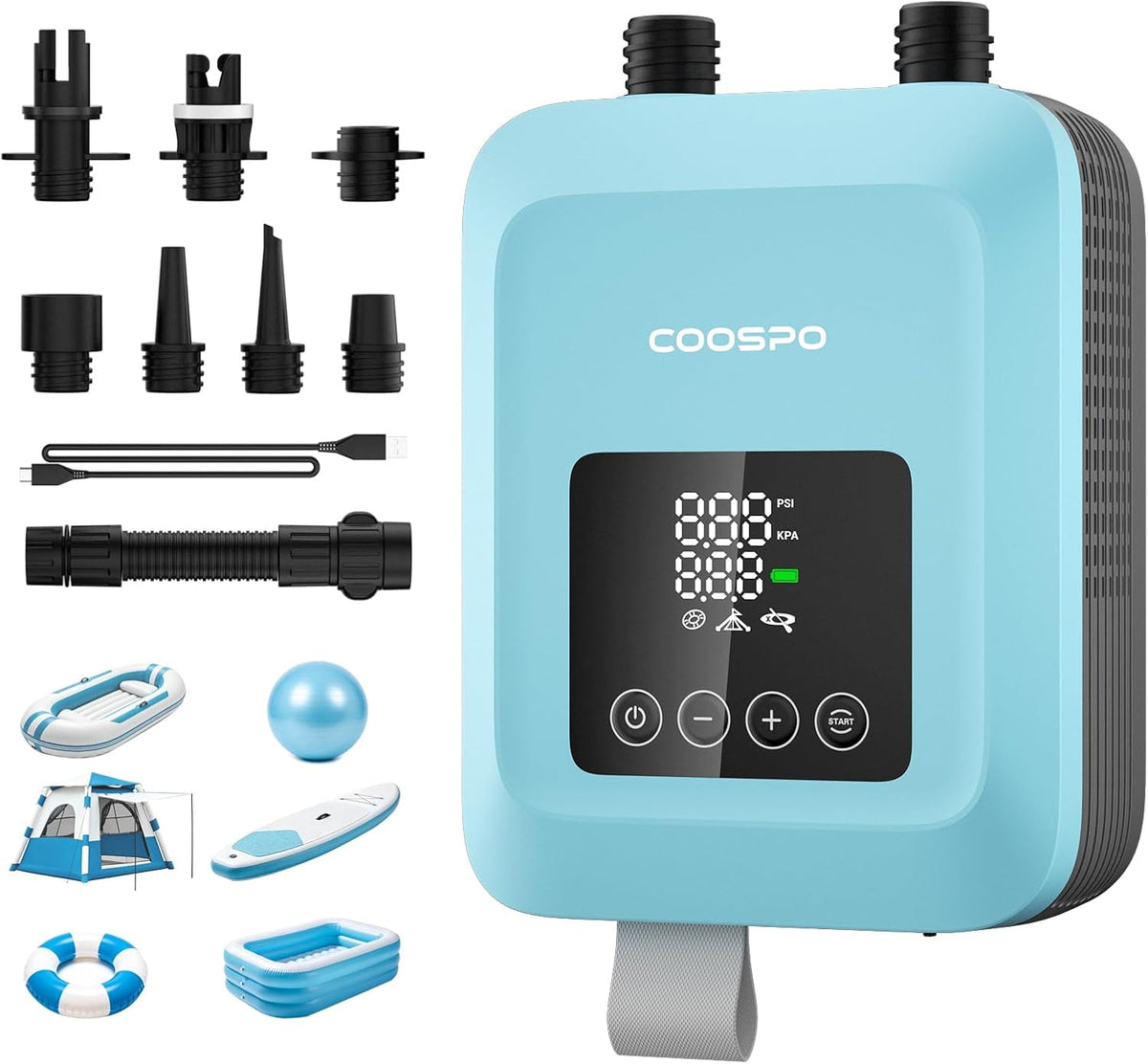 CooSpo Pompe à air électrique pour Sup gonfleur électrique Haute Pression 20 PSI alimenté par Une Batterie Rechargeable de 59,2/44,4 Wh adaptée