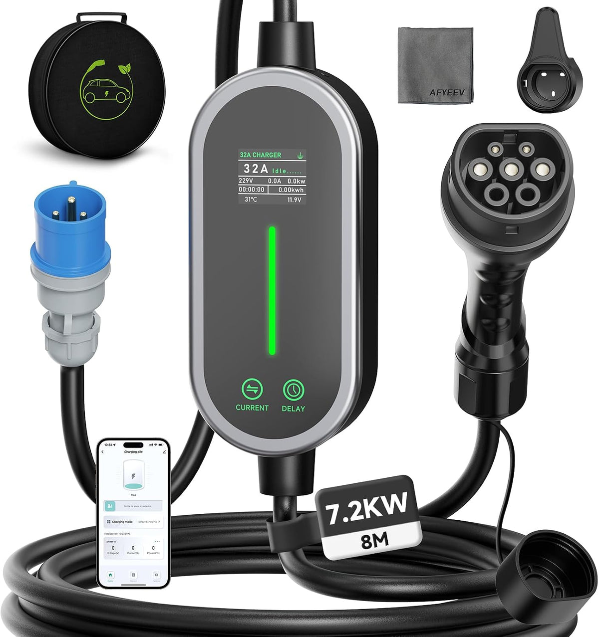 AUFYEV Chargeur Voiture Electrique 7,2kW, 8M Mobile Wallbox 1 phase/6-32A