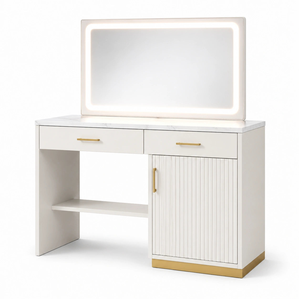 Coiffeuse en bois blanc avec miroir LED rectangulaire et accents dorés