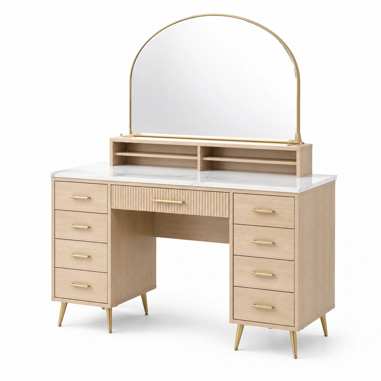 Coiffeuse en bois clair avec miroir arqué et tiroirs en laiton