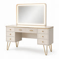 Coiffeuse beige avec miroir LED et 6 tiroirs, pieds en métal doré