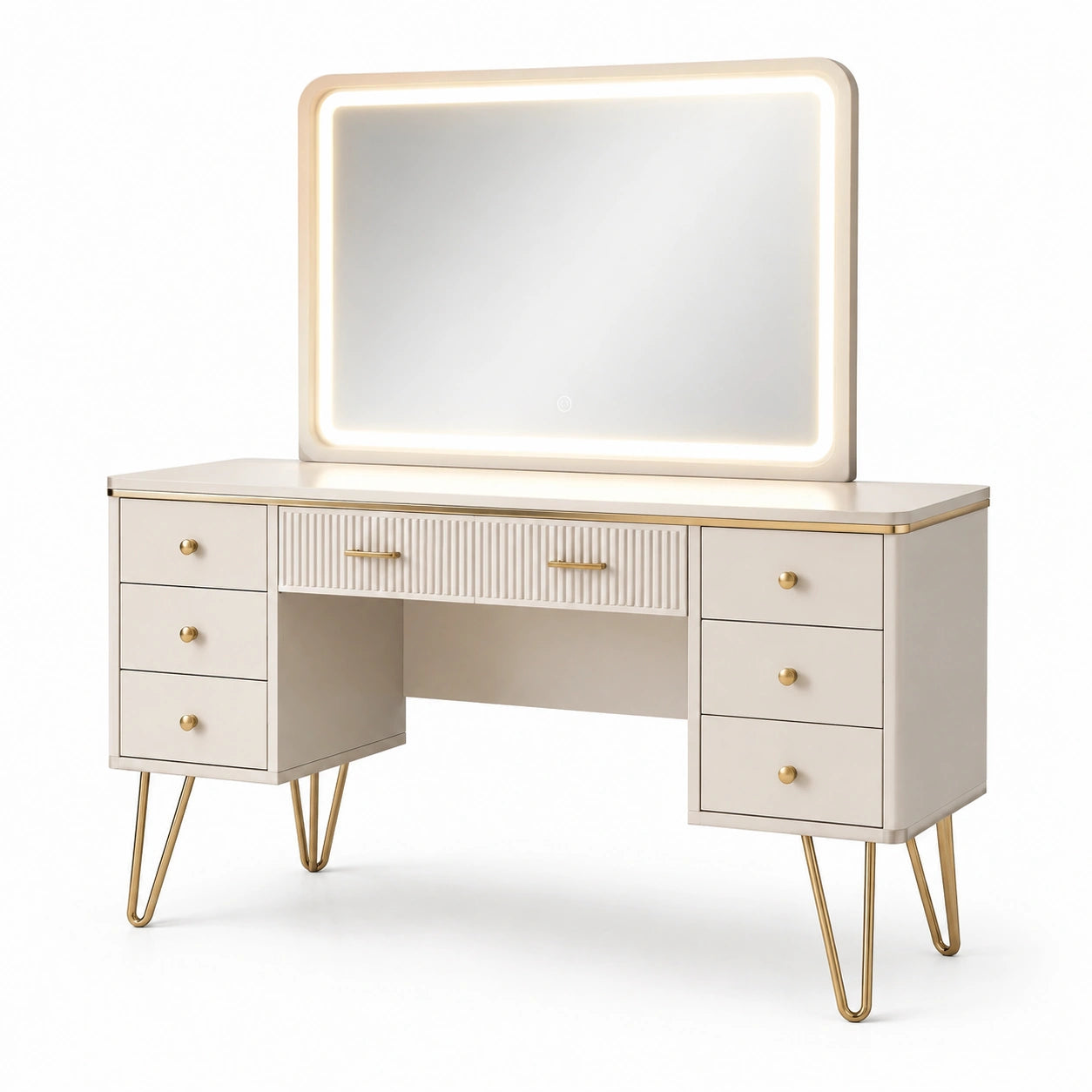 Coiffeuse beige avec miroir LED et 6 tiroirs, pieds en métal doré