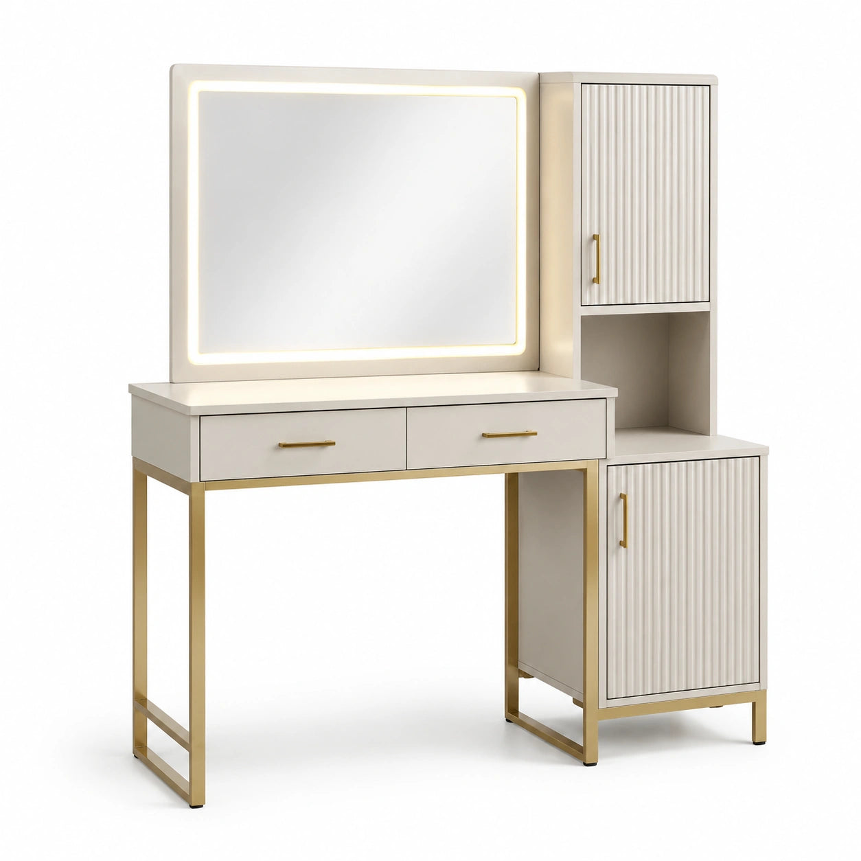 Coiffeuse avec miroir LED et rangement en bois MDF et métal doré