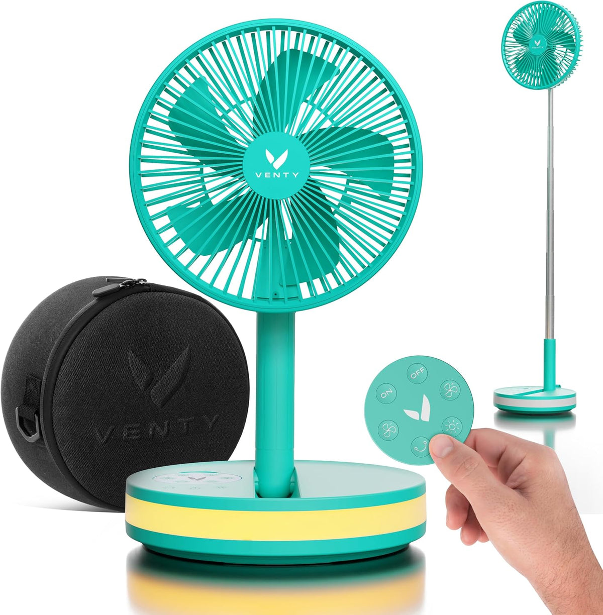 VENTY Ventilateur portable, Ventilateur sans fil à piles, 4 vitesses, Éclairage LED, Étui de transport et télécommande, Voyage en croisière