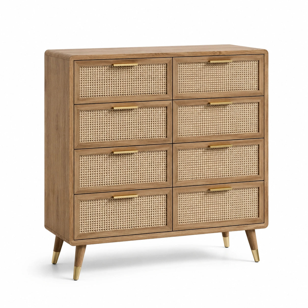 Commode en chêne et rotin 8 tiroirs 85x100x35 cm