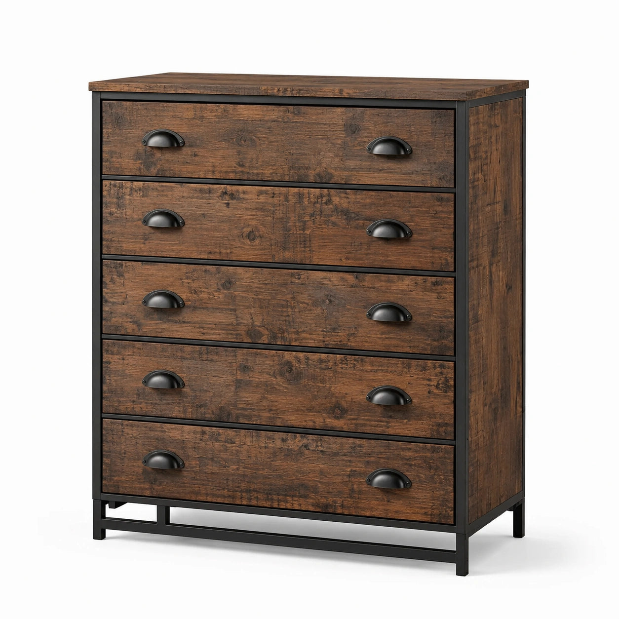 Commode en Panneau de Particules et Métal avec 5 Tiroirs Marron