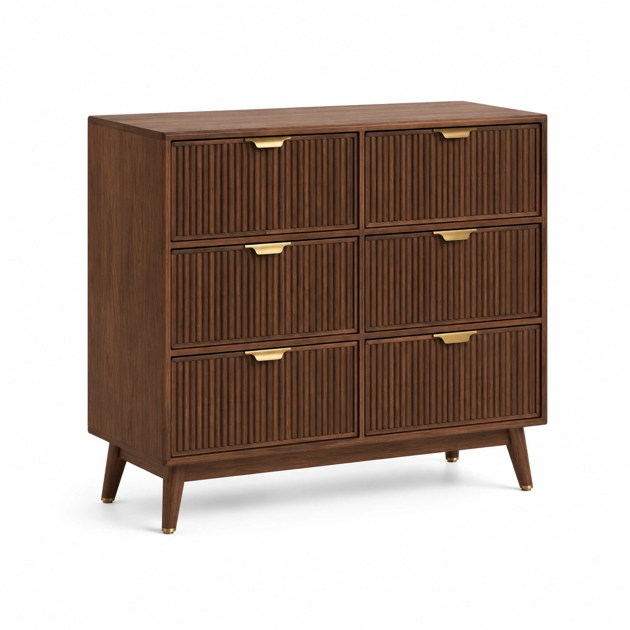 Commode en bois massif avec 6 tiroirs brun et poignées en laiton