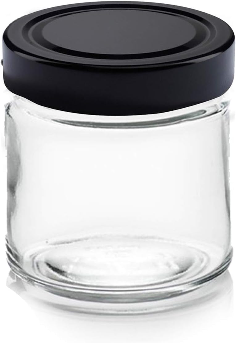 PEGANE Lot de 48 bocaux en Verre Transparent, capacité 314 ML, H77mm, Capsules Noires stérilisables 70mm incluses - IRIOS