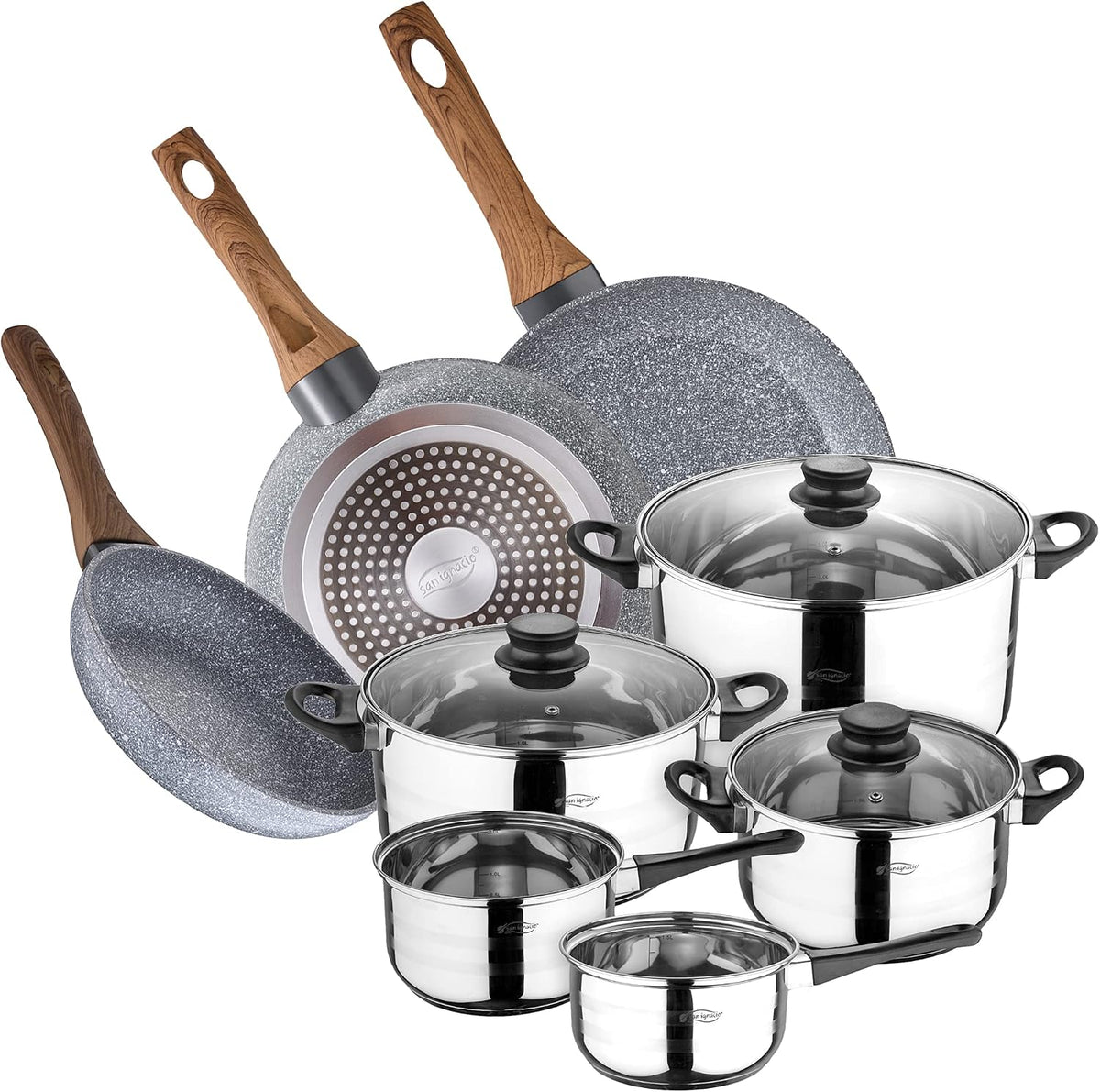 SAN IGNACIO Batterie de cuisine en acier inoxydable de 8 pièces avec poêle à frire (22,26,28 cm) en aluminium forgé collection Daimiel
