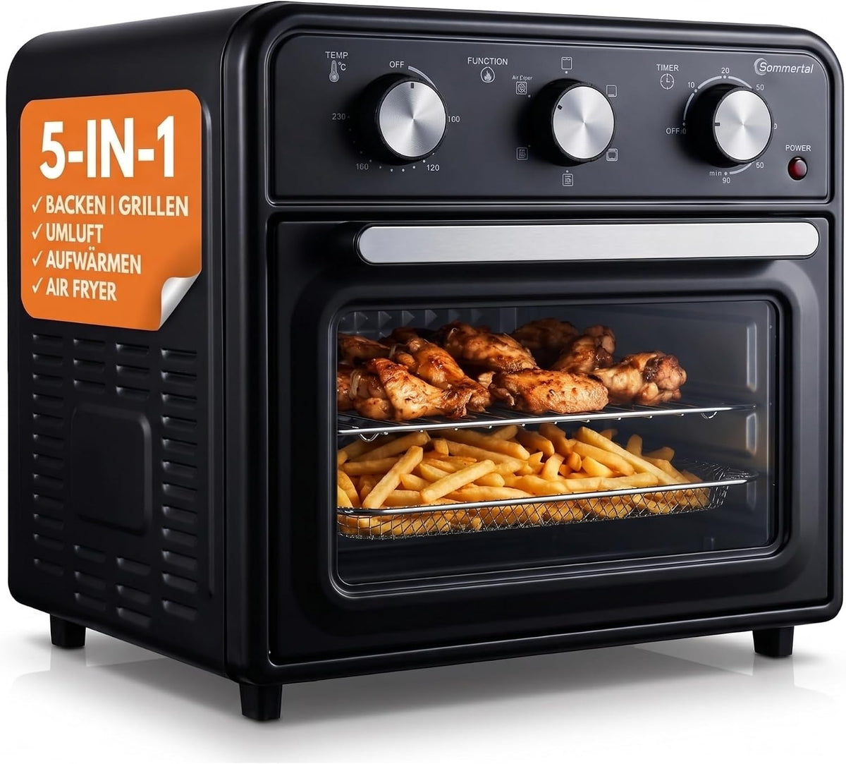 Sommertal Mini four de 20 litres avec chaleur tournante et friteuse à air chaud, mini four 1800 W, pour cuire, griller et pizza