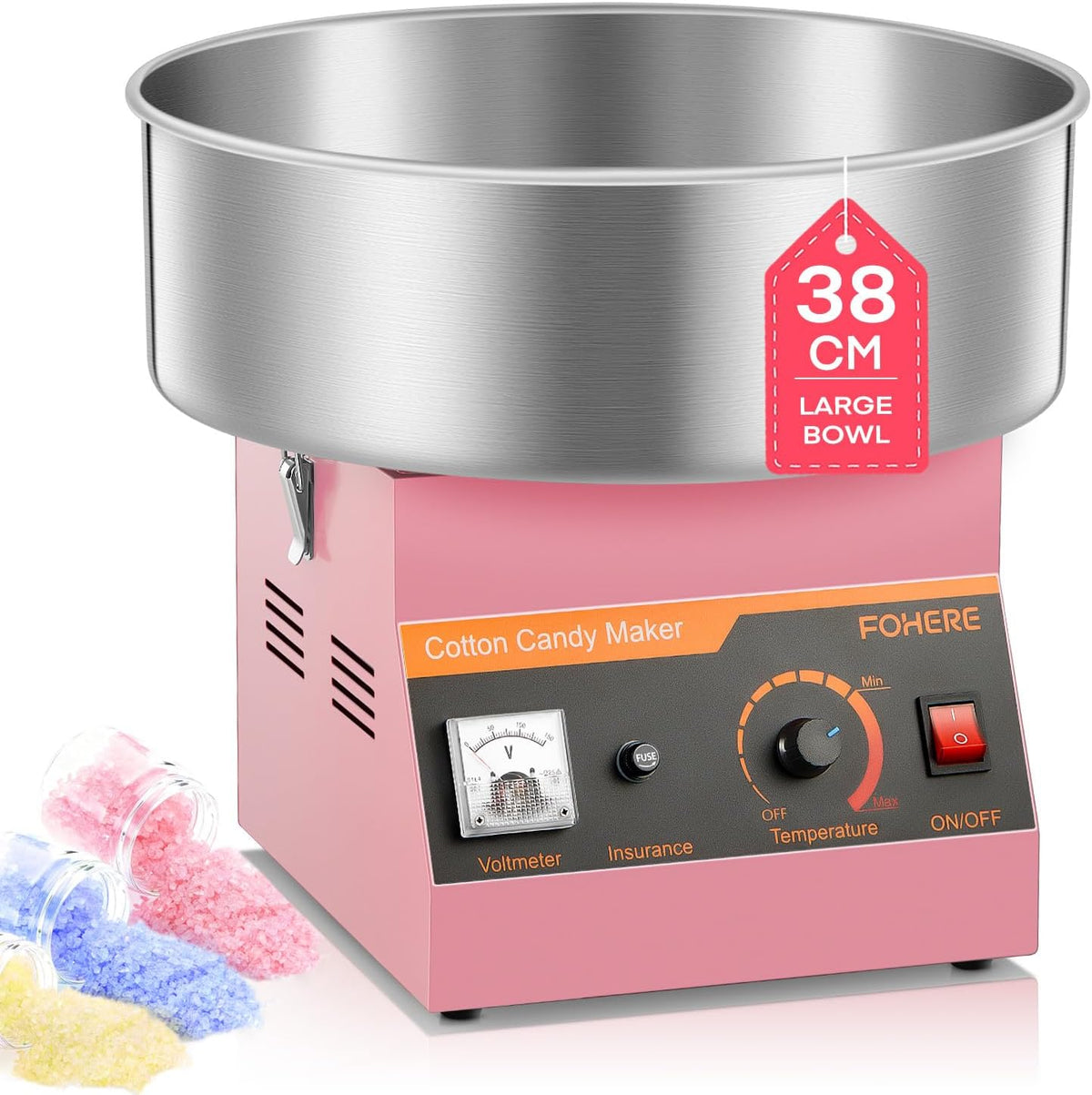 FOHERE Machine à Barbe à Papa Électrique 1000 W, Bol en Acier Inoxydable 38cm, Appareil à Barbe à Papa Commerciale pour Anniversaires, Mariages