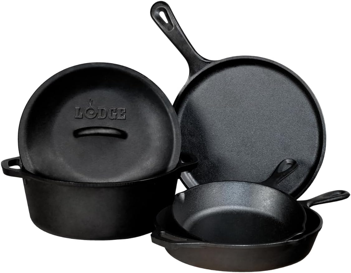 Lodge, Batterie de cuisine en fonte naturelle 4 pièces, Cocotte, 2 poêles, Crêpière, Sain et sans PFAS, Tous feux dont induction, four & BBQ