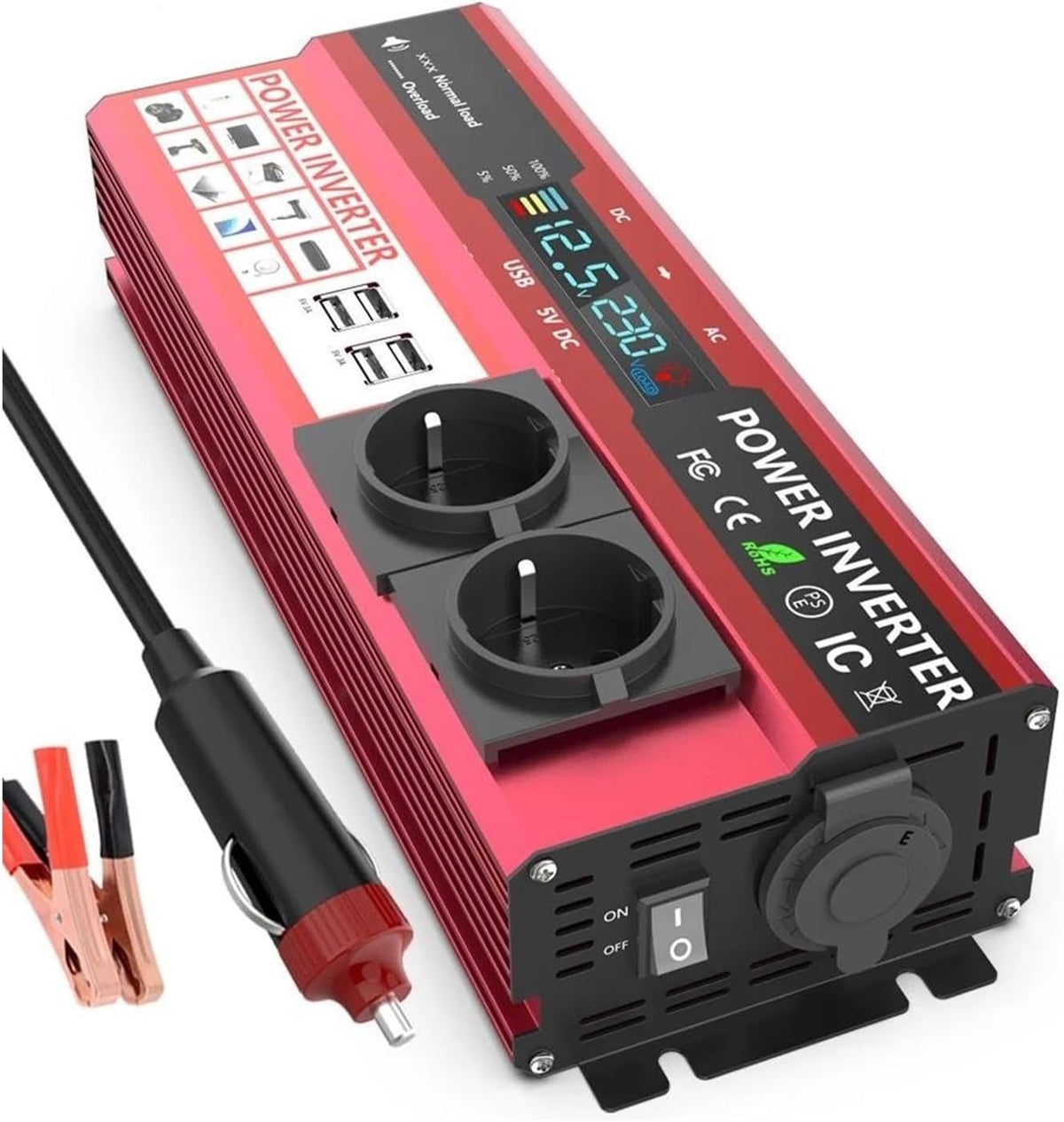 Onduleur Transformateur Onduleur Puissance 4000W avec Écran LCD Prise UE Solaire Double USB Charge Rapide pour Téléphone Ordinateur Portable Voiture