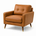 Fauteuil en cuir brun avec pieds en bois et embouts métalliques
