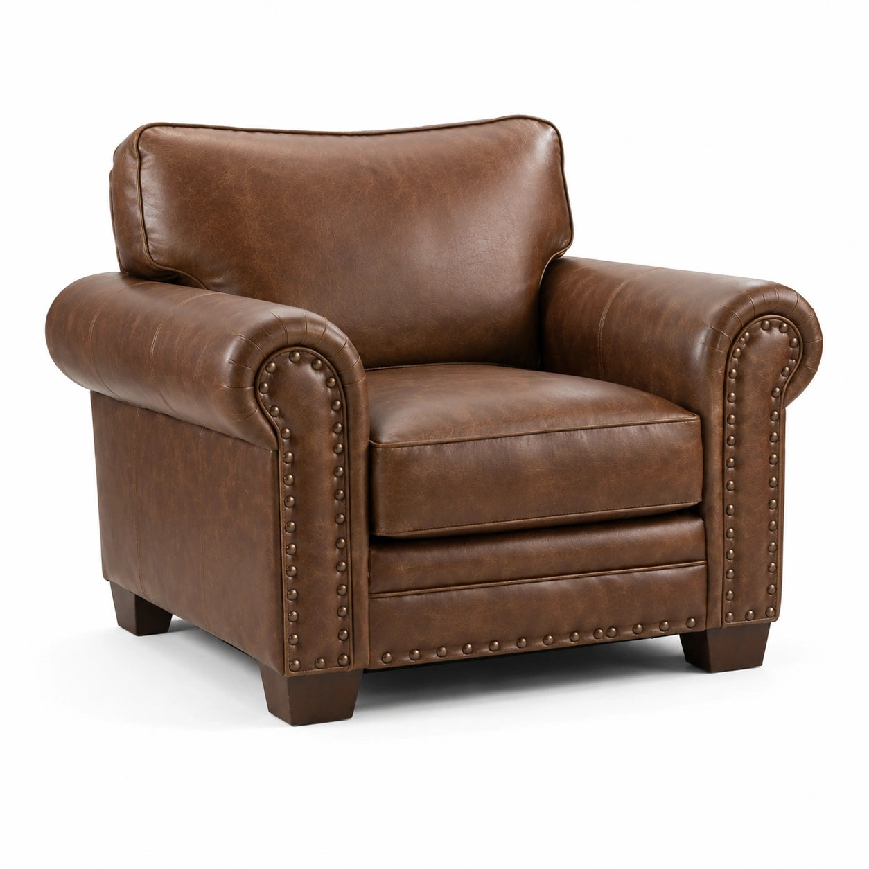 Fauteuil en cuir synthétique marron avec accoudoirs arrondis