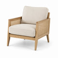 Fauteuil en chêne avec accoudoirs en rotin et coussins en lin polyester beige